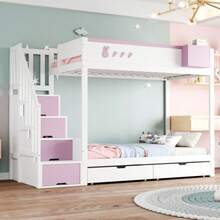 Beliche infantil, 90*200 cm, com motivos de coelho e cenoura, prateleira removível para arrumação, escada segura para guardar objetos, gavetas, estrado de ripas, cama de casal, branco + azul - Rosa - Ver 4