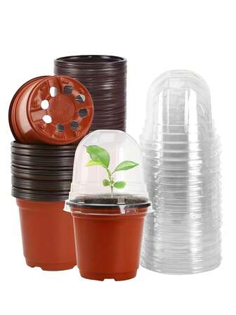 20/40/50套 4英寸圆形塑料花盆，带排水孔，棕色育苗盆，带盖，适合室内和花园使用 - 经典款式，轻便耐用，用途广泛，可用于播种和植物生长，方便移植。