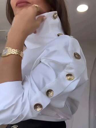 Plus Size Women Casual Solid Color Turtleneck Button-Up Shirt, Spring/Summer