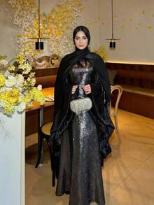 Liyacollection 闪亮蝴蝶长袍，场合长袍，派对礼服，休闲长袍，日常礼服，端庄时尚长袍，卡夫坦长袍 - 黑色 - 查看 2