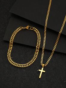 1 Set Kids Hip Hop Stainless Steel Cross Pendant Necklace And Bracelet, Suitable For Boys And Girls, Fashionable Street Jewelry, Children's Birthday Gift - Gold - View 3