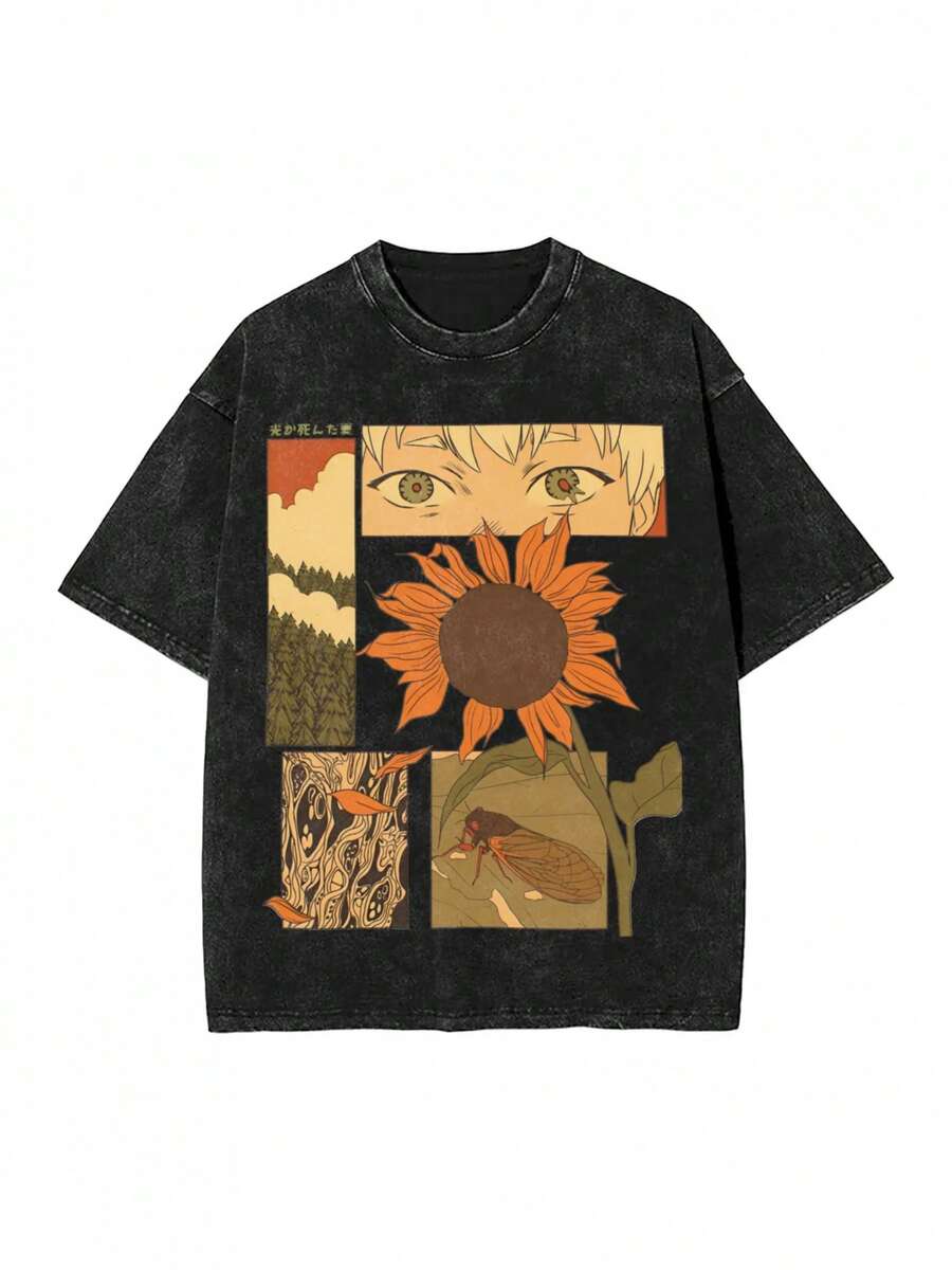 1pc Men's T-Shirt: The Summer Hikaru Died Washed T-Shirts,  Cool Summer Tee, Streetwear Design Clothes, Birthday Gift - Ding Ge Special Editionmens Clothes Shirts - 黑色 - 查看 1