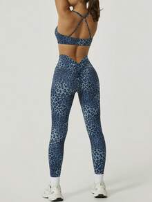 1 Set Women's Leopard Print Elastic Criss-Cross Front & Back Sports Bra And Leggings Activewear Set - Blue - View 9