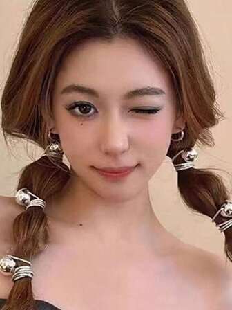 6pcs Gold Metal Beaded Hair Scrunchies, Women Elastic Hair Ties With Round Beads, Hair Accessories For Bubble Braids, High Ponytails, Versatile Hand Decor, Fashion Non-Slip Hair Tie, Suitable For Daily Wear And Parties