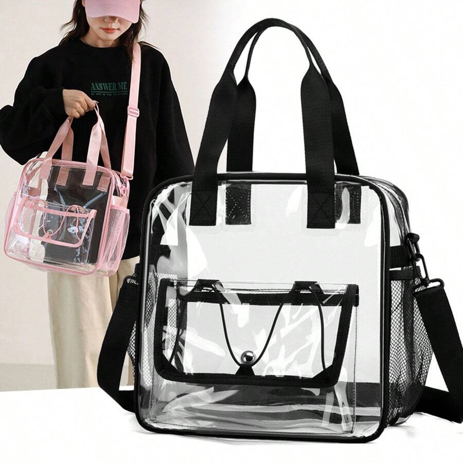 Large Capacity Stadium Approved Transparent PVC Tote Bag Shoulder Bag Clear Bag Sport Bag Lightweight Daily Crossbody Bag For Women/Unisex Waterproof Handbag For Concert Sport School Swimming Travel Vacation See Through Storage Bag - 黑色 - 查看 1