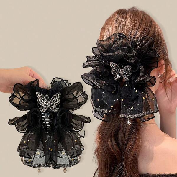 1pc New Rhinestone Mesh Acrylic Hair Claw Clip, Women's Vintage Elegant Sparkling Rhinestone Butterfly Mesh Large Hair Bun Clip, Hair Claw, Suitable For Everyday And Festive Party Wear