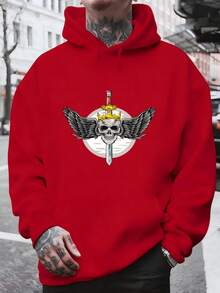 Men's Hooded Sweatshirt, Fashionable Men's Hoodie With Skull Print Featuring A Crown And Winged Sword, Perfect For Everyday Wear, Casual Urban Style For Autumn And Winter, Great For Christmas Outfit Ideas, Ideal For Outdoor Activities, Parties, And The Best Gift For Friends. - 紅色 - 查看 1