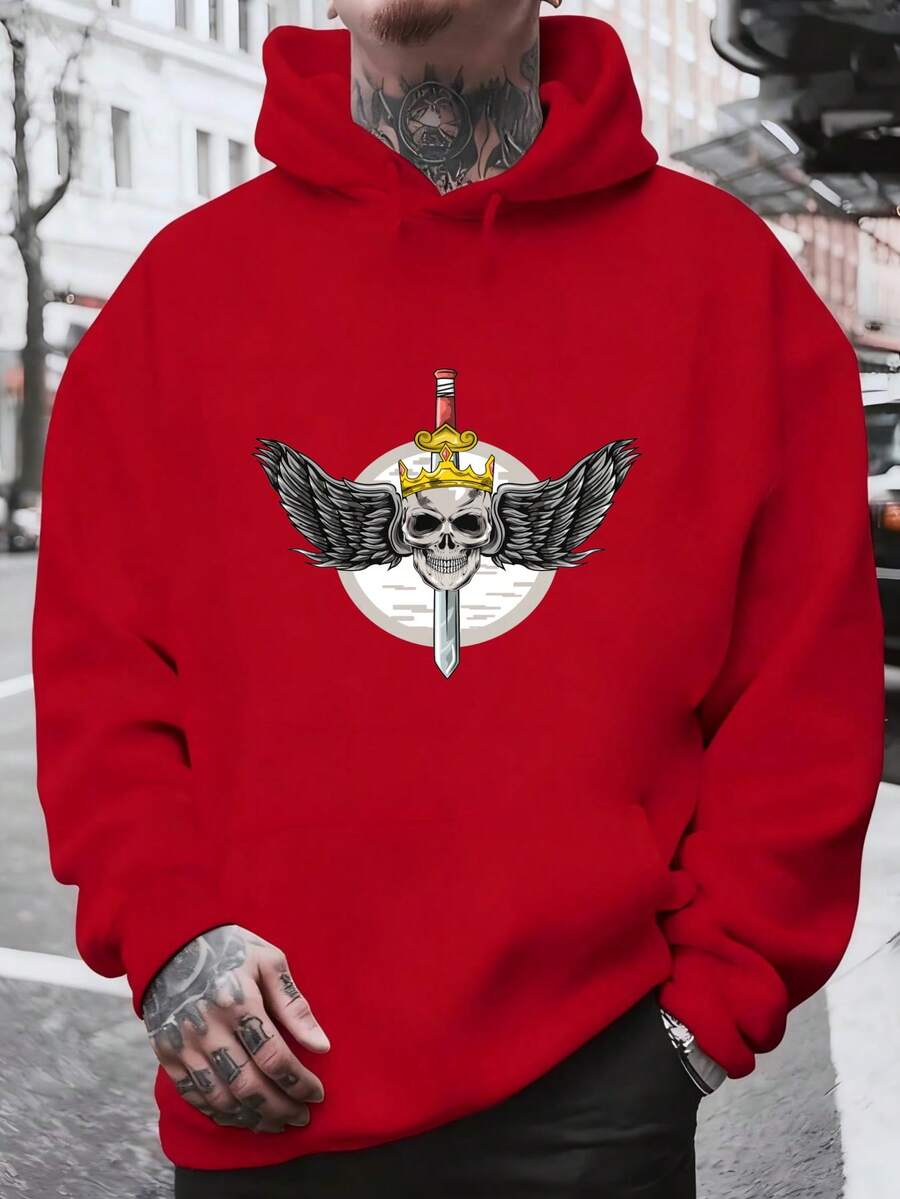 Men's Hooded Sweatshirt, Fashionable Men's Hoodie With Skull Print Featuring A Crown And Winged Sword, Perfect For Everyday Wear, Casual Urban Style For Autumn And Winter, Great For Christmas Outfit Ideas, Ideal For Outdoor Activities, Parties, And The Best Gift For Friends. - 紅色 - 查看 1