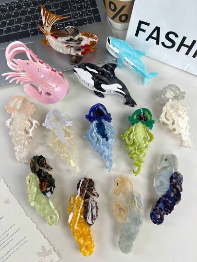 1个海洋系列醋酸纤维发爪夹，海豚、鲸鱼、水母造型大号发夹，可爱卡通水母发饰，甜美ins风，适合刘海和马尾辫，时尚发夹