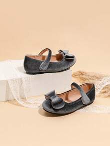 Girl's Simple Velvet Bow Shoes, Suitable For Autumn/Winter Everyday Wear - Grey - View 3