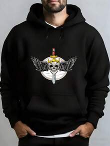 Men's Hooded Sweatshirt, Fashionable Men's Hoodie With Skull Print Featuring A Crown And Winged Sword, Perfect For Everyday Wear, Casual Urban Style For Autumn And Winter, Great For Christmas Outfit Ideas, Ideal For Outdoor Activities, Parties, And The Best Gift For Friends. - 黑色 - 查看 1