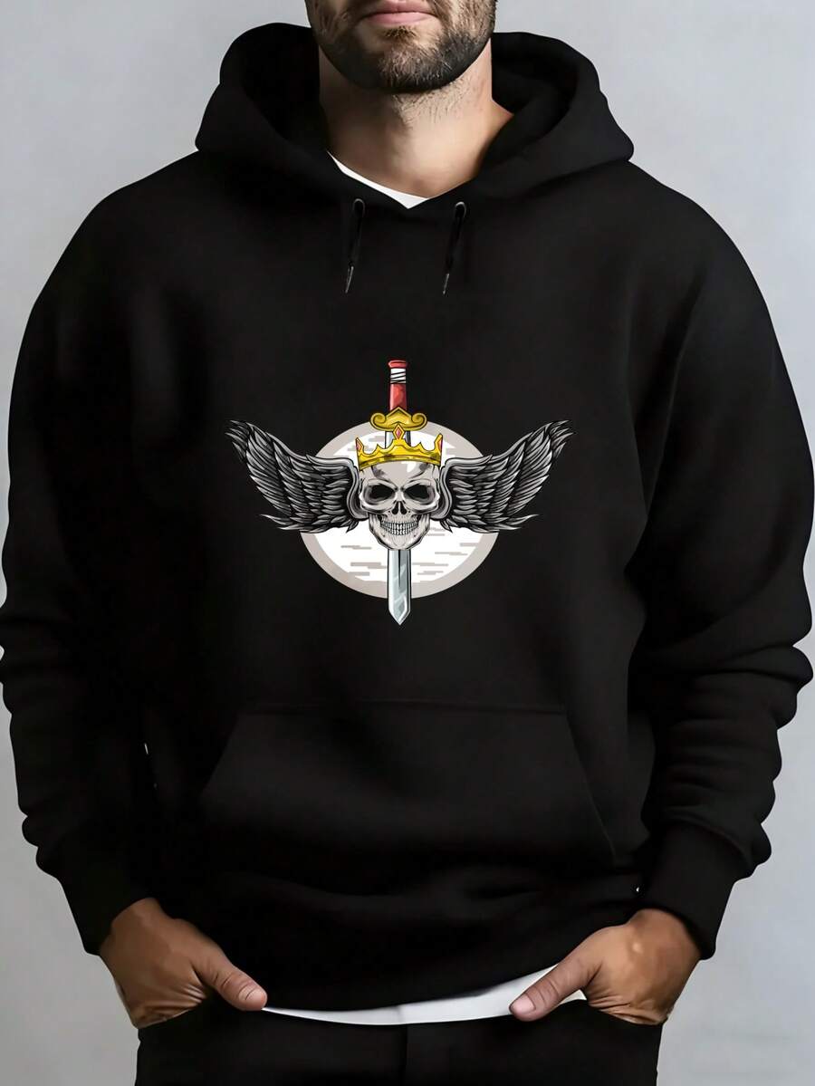 Men's Hooded Sweatshirt, Fashionable Men's Hoodie With Skull Print Featuring A Crown And Winged Sword, Perfect For Everyday Wear, Casual Urban Style For Autumn And Winter, Great For Christmas Outfit Ideas, Ideal For Outdoor Activities, Parties, And The Best Gift For Friends. - 黑色 - 查看 1