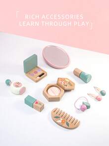木制化妆玩具套装，过家家化妆套装，带刷子和镜子，女孩生日礼物