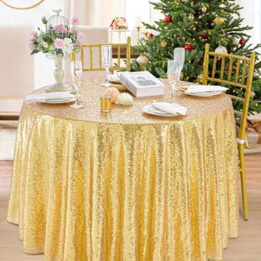 -COOL - Mantel Rectangular de Lentejuelas para San Valentín, Navidad, 60 x 102 Pulgadas, sin Costuras, Tela de Lentejuelas Rojas, para decoración(304.8 cm (Redondo) Dorado) - Multicolor - Ver 1