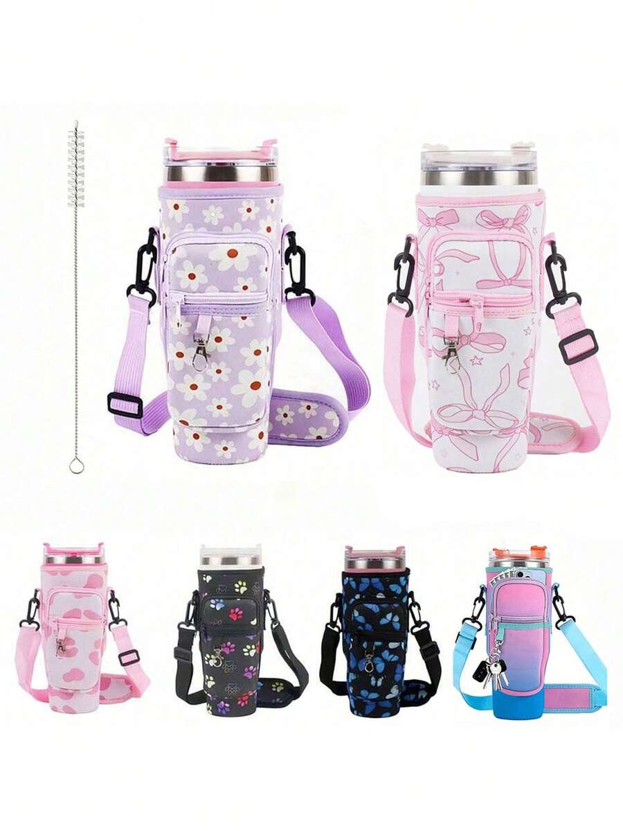 The 1pc Multi-Color Printed Water Bottle Cup Is Equipped With A Transparent Cleaning Brush, An Adjustable Shoulder Strap, A Large Capacity Pocket, And A Keychain, Suitable For Gift Giving And Outdoor Sports Cup Accessories