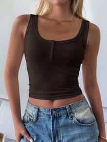 Women's New Solid Color Minimalist Slimming Button-Up Camisole Top - Brown - View 4