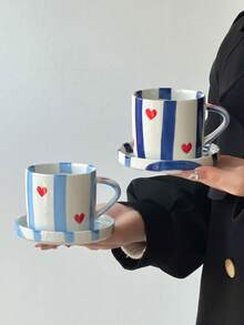 1pc Classic Striped Heart Ceramic Coffee Cup & Saucer Set, Cute Korean Ins Style Mug, Paired With Classic Striped Heart Coaster, Adorable, Creative, Personalized Breakfast Cup, Tea Cup, Coffee Cup - Perfect Birthday And Holiday Gift, Suitable For Home Use, Great Gift For Him, Fun Cup. - Multicolor - View 3