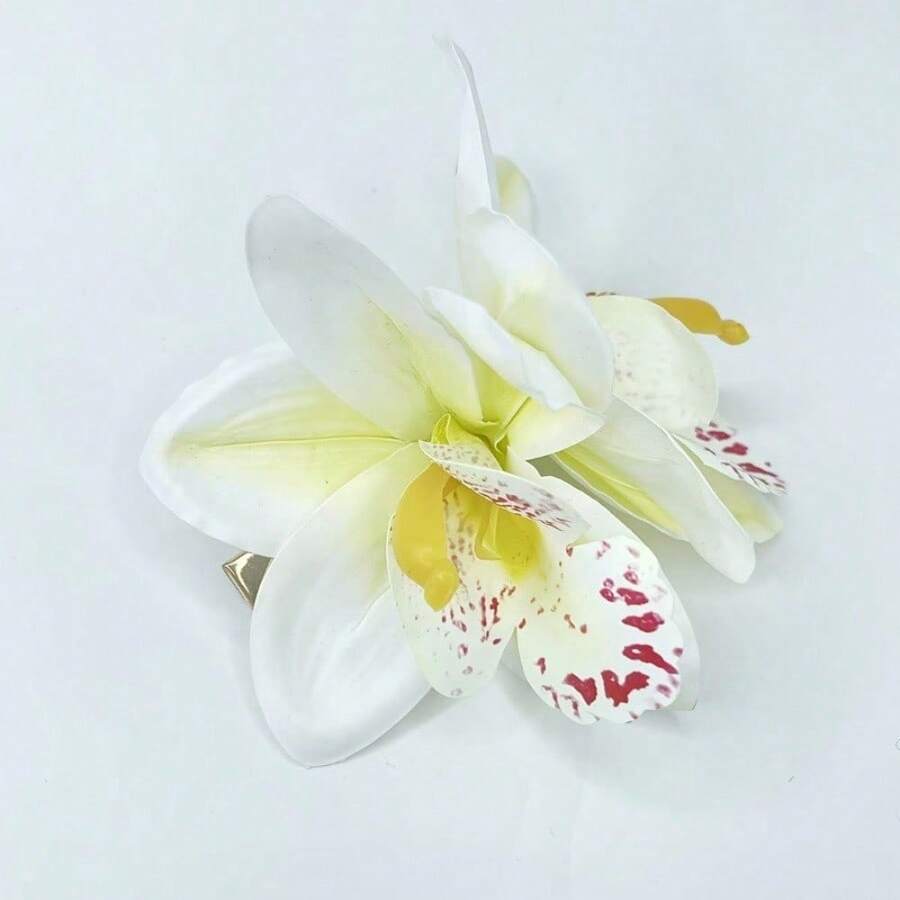 1PCS New Hawaiian Simulation Orchid Flower Duckbill Clip Hairpin Side Hairpin Suitable For Bridal Wedding Hawaii Beach Tropical Party Decoration - 白色 - 查看 1