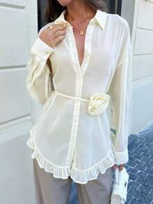 女士雪纺领衬衫，长款常规袖，纽扣前襟，荷叶边下摆，半透明无弹力面料，适合居家休闲穿着 - 淡黃色 - 查看 5