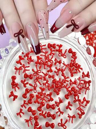 200pcs Autumn And Winter Nails, Mixed With Wine Red Bow And Nail Art Decorations, Diy, Tie And Ribbon Nail Accessories, Red Nails, A Mix Of Various Bow Styles, Nail Products, Nail Charm