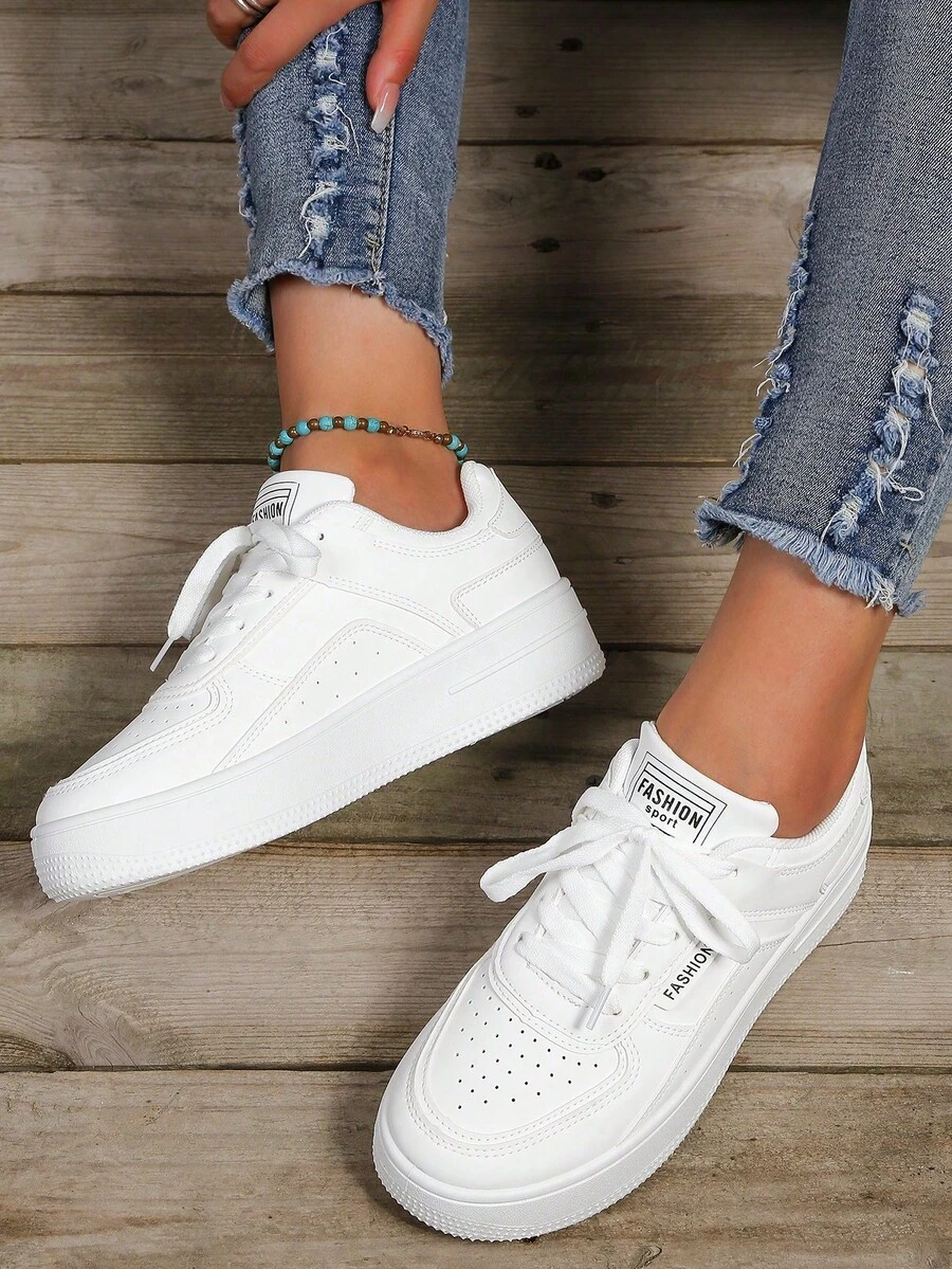 Women's Fashionable & Versatile Low-Top White Sneakers, Thick Sole, Breathable, Non-Slip, Soft Bottom, Student, White, Athletic, Casual, Skateboarding Shoes