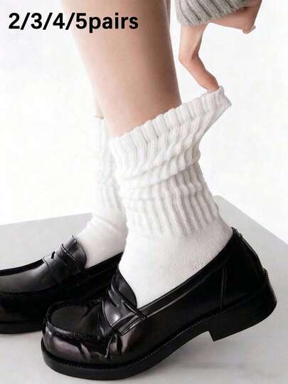 2/3/4/5 Đôi tất dài đến bắp chân có gân màu trơn dành cho nữ, tất dài thoải mái, phù hợp để mặc hàng ngày