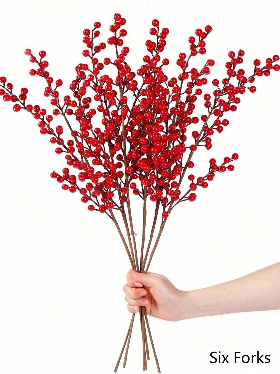 6 Stems/4 Stems/1 Stem 60cm Artificial Red Berry Branch, 6-Forked Red Berry Holly Branch, Imitation Burgundy Berry Picking. Suitable For Door Knocker Vases, Vase Flower Arrangements, Centerpiece Decorations, Holiday Home DIY, Wedding Decorations, New Year Decorations, And Can Also Be Given As A Gift. - Burgundy - View 1