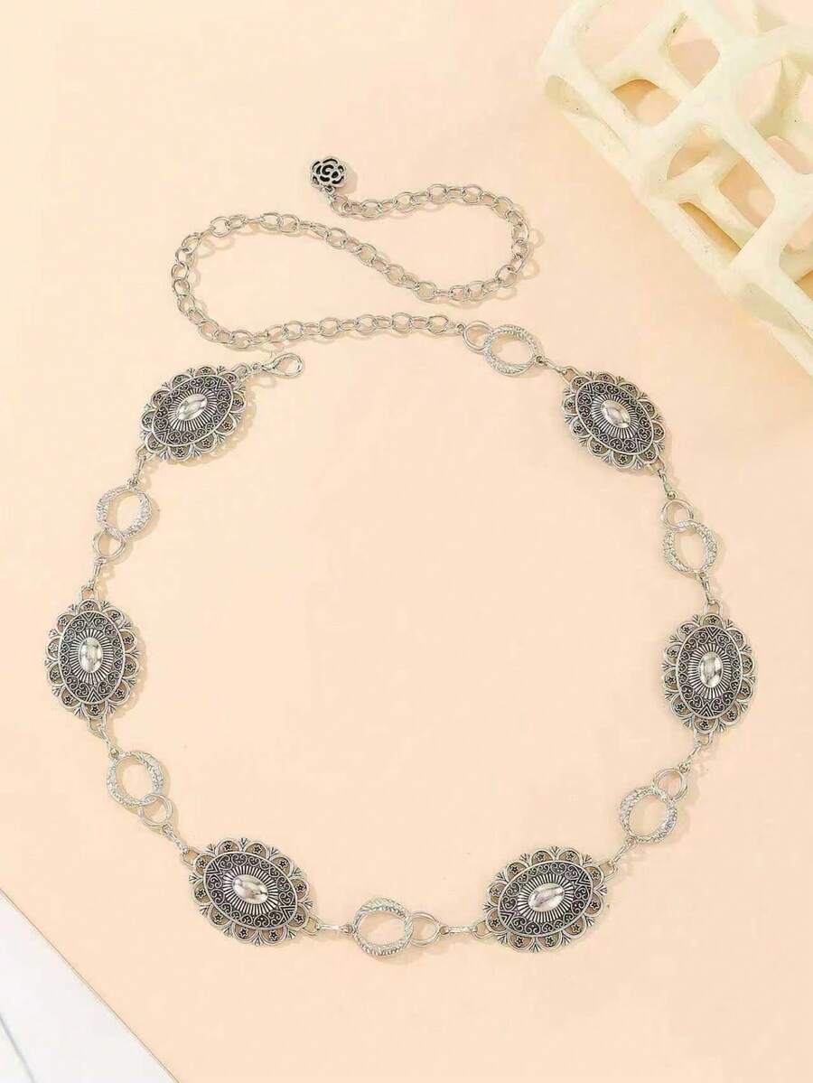 Cross-Border European And American Fashion Ladies' Mirror Leisure Decoration Waist Belt, Jasper Ruby Waist Chain Combination Metal Chain, Bohemian Zinc Alloy Vintage Punk Style Hollow Flower Waist Chain For Women, Fashionable Retro Waist Cincher, Suitable For Spring, Summer, Autumn And Winter - Silver - View 1