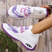 Ladies' Breathable Knitted Slip - On Sports Shoes With Stable Support - Soft EVA Sole, All - Season Casual Shoes. White With Black And Red Accents And "Walk By Faith" High - Heel Pattern Design. Ladies' Comfortable Shock - Absorbing Shoes - Purple - View 5