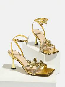 女士高跟凉鞋，时尚细高跟，饰有水钻和蝴蝶图案，柔软金属材质，可调节踝带，优雅性感，适合正式场合、派对和庆典。 - 金色 - 查看 5