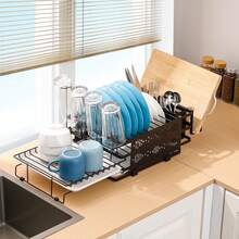 CXRYLZ Extendable 2-Tier Stainless Steel Dish Drying Rack For Kitchen Counter, Space-Saving Small Escurridor De Platos Para Fregadero With Drying Tray, Plate Drainer, Utensils Holder & Cup Rack - 1 - View 1