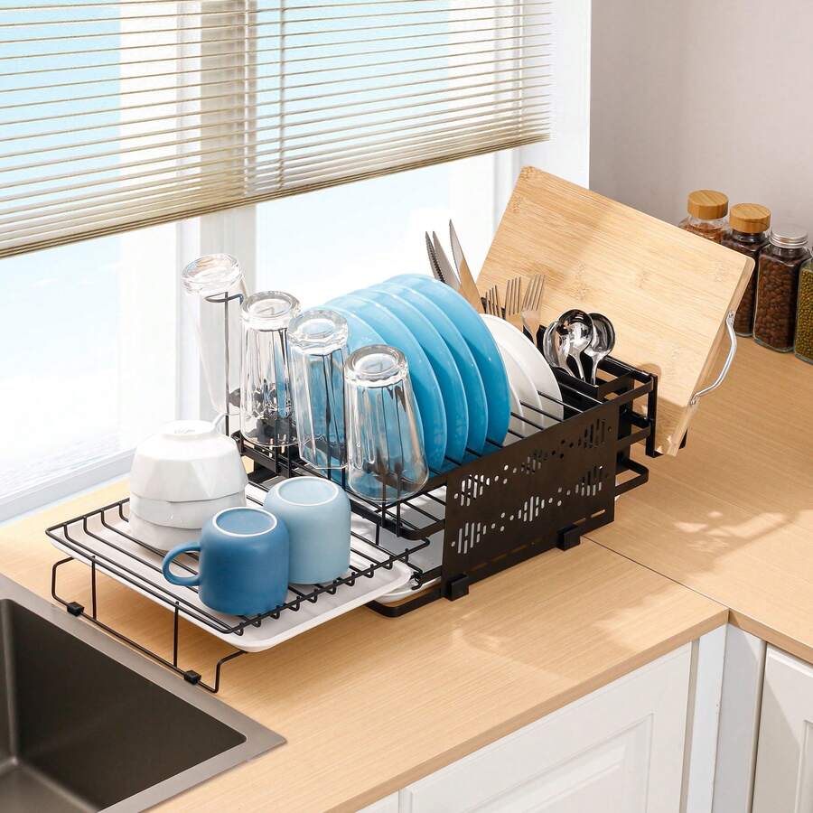 CXRYLZ Extendable 2-Tier Stainless Steel Dish Drying Rack For Kitchen Counter, Space-Saving Small Escurridor De Platos Para Fregadero With Drying Tray, Plate Drainer, Utensils Holder & Cup Rack - 1 - View 1
