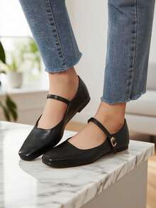 女士方头平底鞋，复古玛丽珍鞋，时尚日常通勤搭扣平底鞋，棕色/黑色，轻便舒适的芭蕾舞带乐福鞋 - 黑色 - 查看 3