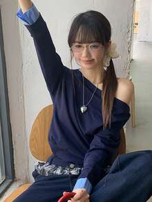 女士休闲条纹拼接不对称肩部T恤，秋冬款 - 藏青色 - 查看 3