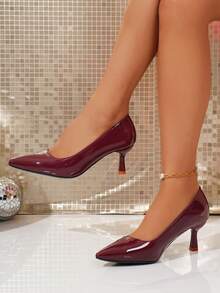 Women's Wine Red Patent Leather Pointed Toe Kitten Heels, Elegant Slip - On Pumps For Party, Office & Dating, Stylish Shiny Dress Shoes With Comfortable Heel - Red - View 2