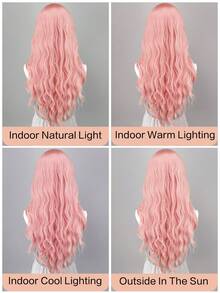 28-32 Inch Elegant Pink Long Curly Synthetic Wig With Natural Bangs, Wavy Curly Synthetic Wig Suitable For Women - Heat Resistant Fiber, Natural Middle Part, Full Curl, Suitable For Daily Wear, Parties And Halloween - Multicolor - View 10