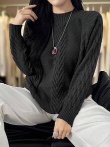 Plus Size Crew Neck Casual Solid Color Long Sleeve Knit Sweater Black - Black - View 6