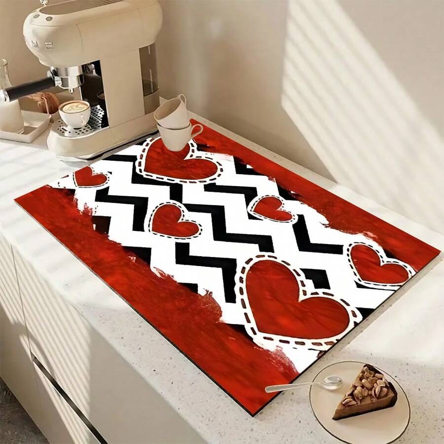 1 buc covoraș de uscare a vaselor de Ziua Îndrăgostiților, covoraș absorbant de uscare, cadou de Ziua Îndrăgostiților, decor de bucătărie, covoraș pentru aparat de cafea, covoraș de scurgere manual pentru cafetieră, covoraș de podea pentru bucătărie, covoraș pentru masă, covoraș de uscare a vasei pentru blat de bucătărie, covoraș pentru micul dejun, covoraș de uscare antiderapant rezistent la căldură, covoraș de uscare cu diatomit, ascunde petele, covoraș de uscare de bucătărie super absorbant, covoraș pentru suport de vase ușor de curățat, potrivit pentru bucătărie, masă, cafenea, bar, sărbători, petreceri, decor de casă, cadouri de sărbători