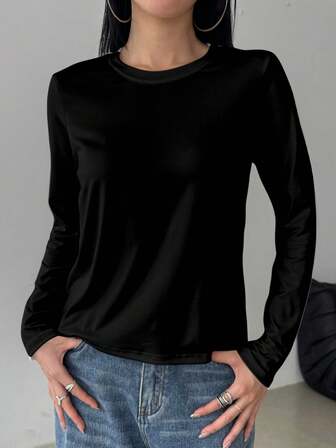 T-shirt med rund hals och lång ärm för kvinnor, enfärgad, höstkläder