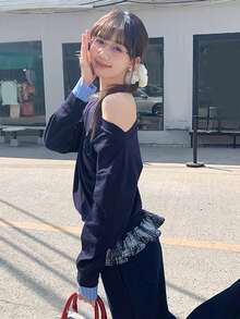 女士休闲条纹拼接不对称肩部T恤，秋冬款 - 藏青色 - 查看 4