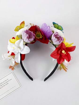 1pc Floral Headband With Butterfly & Magnolia Flowers, Nature-Inspired Headpiece For Wedding, Party, Prom