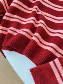 1 pieza Suéter holgado de punto de cuello redondo casual con rayas y contraste de color para mujer, jersey amplio, versátil y minimalista de manga larga - Multicolor - Ver 10