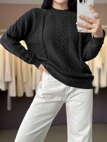 Plus Size Crew Neck Casual Solid Color Long Sleeve Knit Sweater Black - Black - View 7