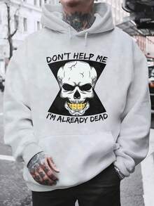 Men's Hooded Sweatshirt, Women's Men's Fashion Black Hoodie With Skull Print And "Don't Help Me I'm Already Dead" Text For Daily Use And Casual Occasions Winter Spring, Christmas Outfit Ideas, Perfect For Outdoor Activities, Parties, And The Best Gift For Friends. - 灰色 - 查看 1