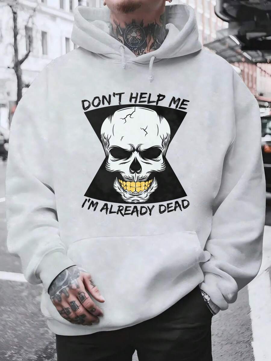Men's Hooded Sweatshirt, Women's Men's Fashion Black Hoodie With Skull Print And "Don't Help Me I'm Already Dead" Text For Daily Use And Casual Occasions Winter Spring, Christmas Outfit Ideas, Perfect For Outdoor Activities, Parties, And The Best Gift For Friends. - 灰色 - 查看 1