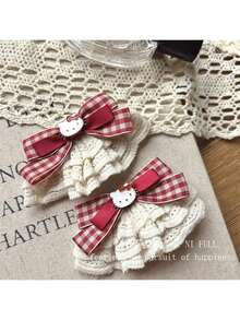 1/2pcs Sanrio Themed Cartoon Cat Lace Bow Hair Clips, Cute Duck Bill Side Hair Clips, Hair Accessories, Sweet Style, Plaid Design, Delicate Lace, Fashion Hair Clips, Side Open Hair Clips, Fashionistas, Cute Lovers, Birthday Gift - Multicolor - View 5