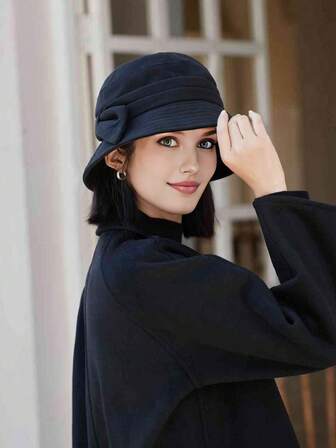 1 件女士秋季蝴蝶结渔夫帽，冬季长檐渔夫帽，复古优雅纯色保暖钟形帽，适合秋冬日常穿着秋季服装