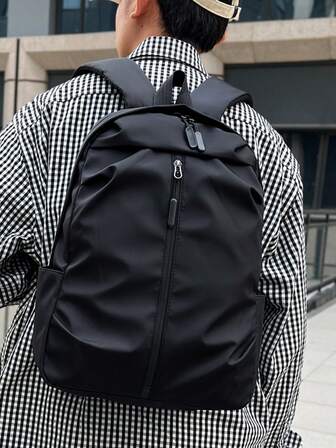 1pc Large Capacity Solid Color Foldable Backpack, Black/Blue Business Backpack, Waterproof Student Bag