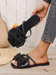 Sandalias de mujer de plástico plano con punta cuadrada, elegantes y sexys, con lazo y tejido cruzado, versátiles para el hogar, el trayecto, las citas, las fiestas, las vacaciones, la playa, adecuadas para el Día de San Valentín, festivales de mujeres, Halloween, Ramadán, vuelta al colegio, festivales de música, temporada de bodas, regalo ideal para cualquier ocasión - Negro - Ver 6