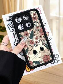 1 pieza Funda de teléfono con diseño de gato lindo rodeado de flores y hojas en estilo natural ideal para amantes de los animales y la naturaleza TPU soft case, protección completa antideslizante y anti-caída, compatible con iPhone17 ProMax/16/15/14/13/12/11/Plus/Pro/ProMax, compatible con Galaxy A34/A35/A54/A55, Galaxy S20/S21/S22/S23/S24/S25 Ultra/Plus, compatible con Galaxy/Redmi/Honor/OPPO/ViVo - Burdeos - Ver 4